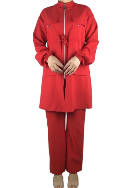 Kadın Tunik Önü Fermuarlı Ipli Kolu Lastikli Pantolon Beli Lastikli Takım