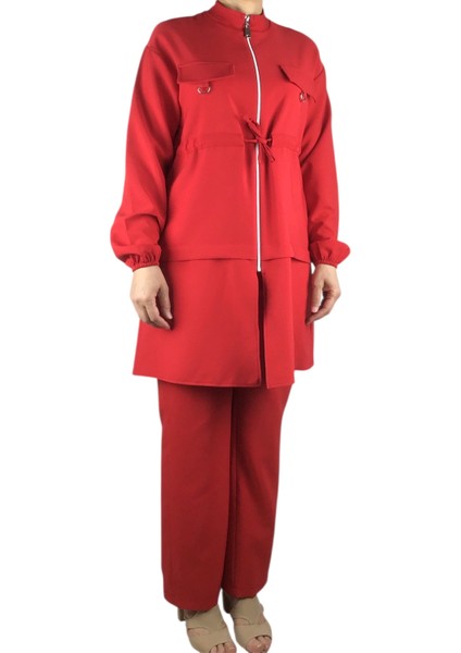 Kadın Tunik Önü Fermuarlı Ipli Kolu Lastikli Pantolon Beli Lastikli Takım modelleri