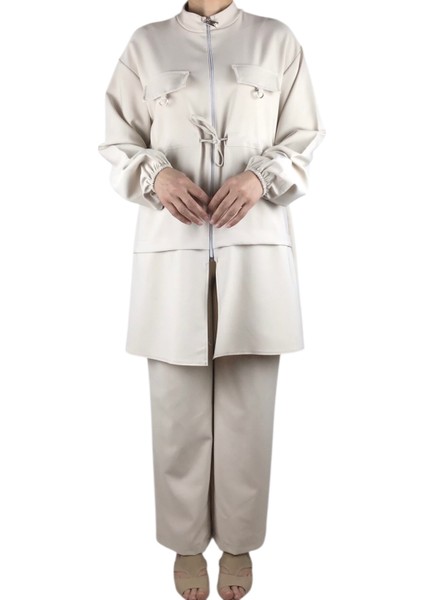 Kadın Tunik Önü Fermuarlı Ipli Kolu Lastikli Pantolon Beli Lastikli Takım