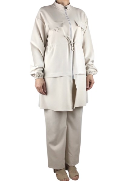 Kadın Tunik Önü Fermuarlı Ipli Kolu Lastikli Pantolon Beli Lastikli Takım modelleri