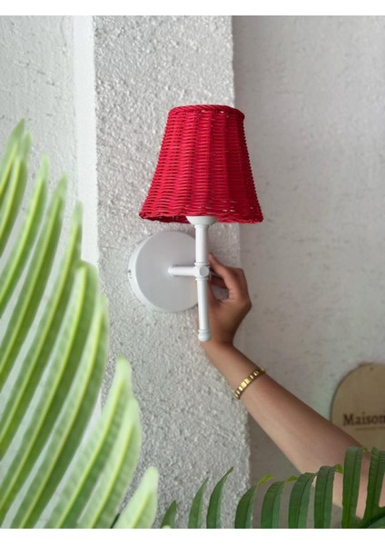Kırmızı Rattan Kablosuz Pilli Duvar Aydınlatması Aplik - Alt Beyaz
