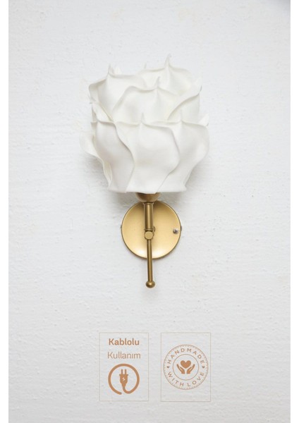 Beyaz Eva Gül Tasarım Kablolu Duvar Aydınlatması Aplik - Alt Eskitme Gold