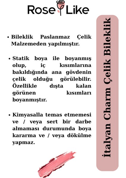 Italyan Charm Bileklik -Paslanmaz Çelik- Gül Kurusu fırsatları