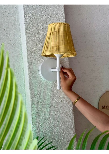 Sarı Rattan Kablosuz Pilli Duvar Aydınlatması Aplik - Alt Beyaz