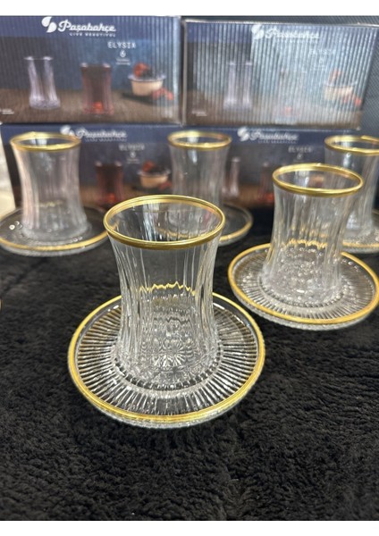 El Dekorlu Kesme 12 Parça Yaldızlı Elysia Çay Seti