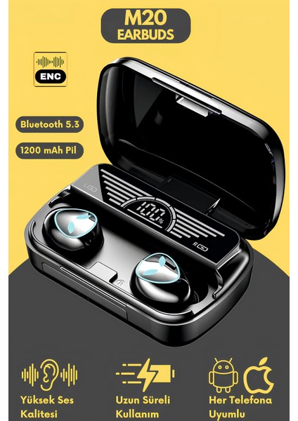 M20 Tws Bluetooth 5. 3 Kulaklık – LED Göstergeli, Oyun Modu, Enc Gürültü Engelleme, Uzun Pil