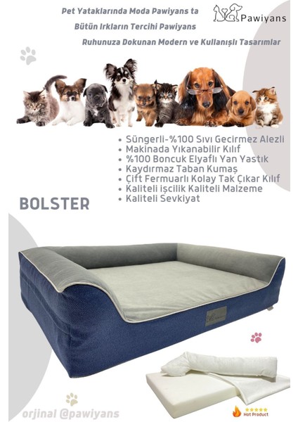 Yumuşak, kılıflı, sıvı geçirmez, fermuarlı köpek yatağı, lacivert gri renkli, kutu tasarım