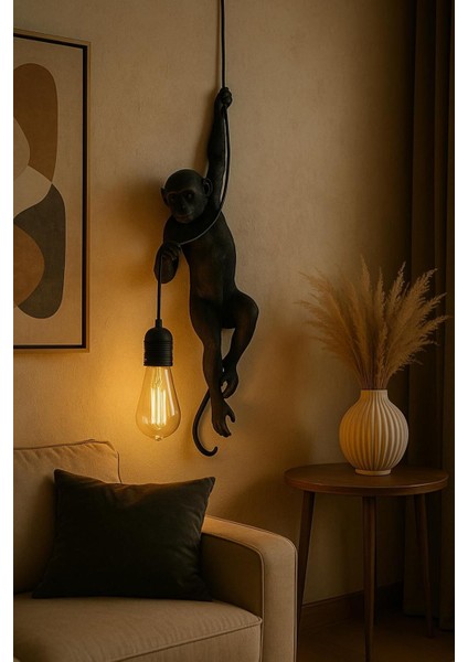 Siyah Modern Maymun Figürlü Duvar Apliği | Dekoratif Heykelsi Aydınlatma | 3D Lab Decorative