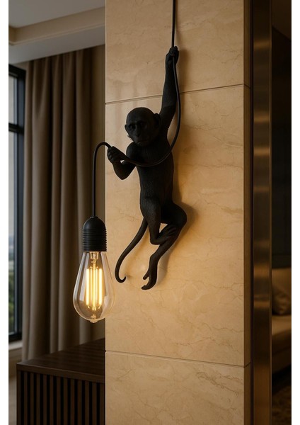 Siyah Modern Maymun Figürlü Duvar Apliği | Dekoratif Heykelsi Aydınlatma | 3D Lab Decorative fiyatları
