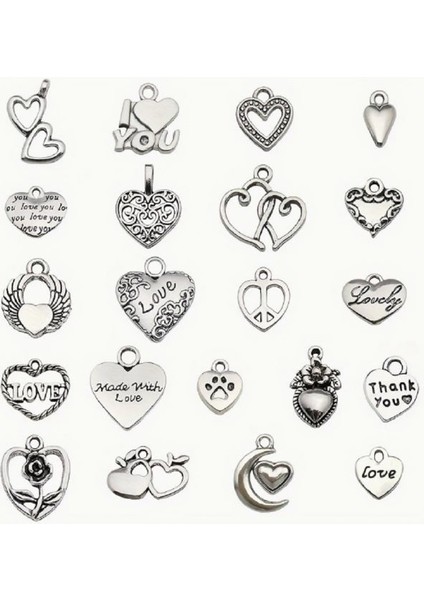 ( 20 x Adet ) 1 Set Gümüş Model Heart Day Kalp Süsleri & Kolye Ucu & Küpe & Bileklik Aksesuarları