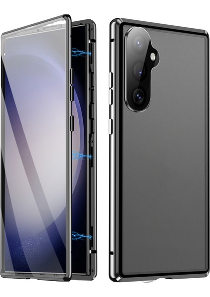 Samsung Galaxy S25 Kılıfı Çift Taraflı Temperli Cam + Metal Manyetik Telefon Kılıfı Tokalı - Siyah (Yurt Dışından)