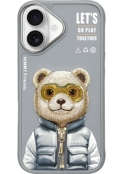 iPhone 16 Uyumlu 3D Gözlük Fermuar Ayıcık Detaylı Nakış İşlemeli Kabartmalı Cool Cute Kılıf