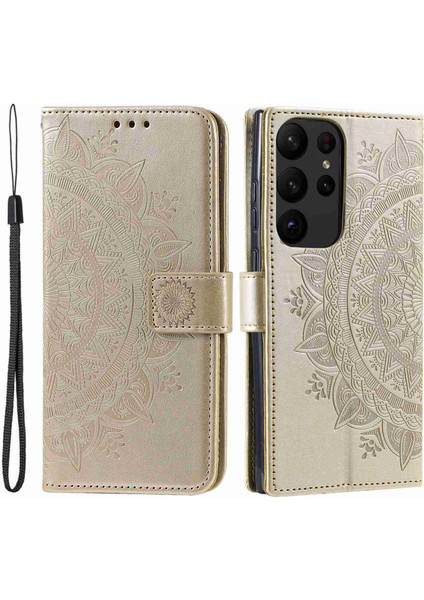 Samsung Galaxy S23 Ultra Cüzdan Telefon Kılıfı Mandala Çiçek Baskılı Pu Deri Flip Stand Manyetik Toka Darbeye Dayanıklı Kapak-Altın (Yurt Dışından)