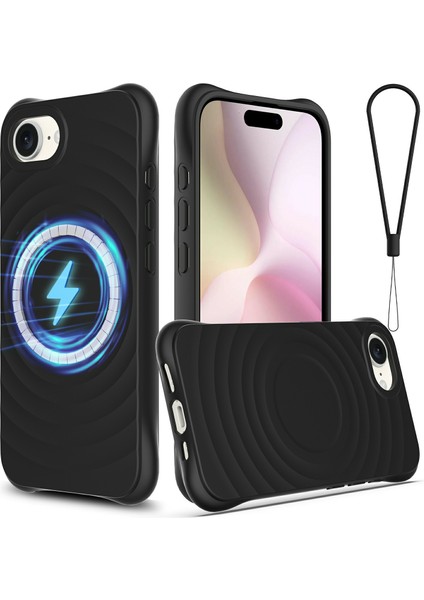 iPhone 16E Kılıfı Için Magsafe Ripple Doku Sıvı Silikon Koruyucu Kılıf ve Kayışla Uyumlu-Siyah (Yurt Dışından)