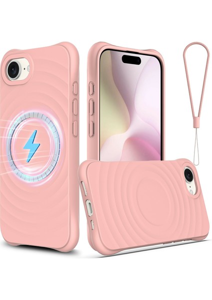 iPhone 16E Kılıfı Için Magsafe Ripple Doku Sıvı Silikon Koruyucu Kılıf Kayışlı-Pembe ile Uyumlu (Yurt Dışından)