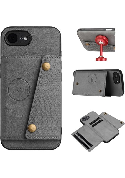 iPhone 16E Kılıf Kart Yuvalı Destekli Deri+Tpu Telefon Kılıfı-Gri (Yurt Dışından)