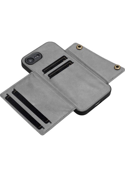 iPhone 16E Kılıf Kart Yuvalı Destekli Deri+Tpu Telefon Kılıfı-Gri (Yurt Dışından)