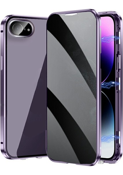iPhone 16E Kılıf Anti-Casus Çift Taraflı Temperli Cam + Manyetik Metal Çerçeve Telefon Kılıfı-Mor (Yurt Dışından)