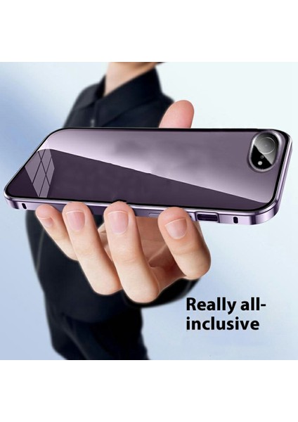 iPhone 16E Kılıf Anti-Casus Çift Taraflı Temperli Cam + Manyetik Metal Çerçeve Telefon Kılıfı-Mor (Yurt Dışından)