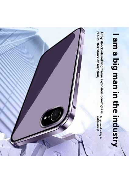 iPhone 16E Kılıf Anti-Casus Çift Taraflı Temperli Cam + Manyetik Metal Çerçeve Telefon Kılıfı-Mor (Yurt Dışından)
