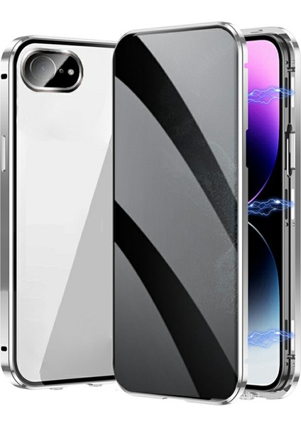 iPhone 16E Kılıf Anti-Casus Çift Taraflı Temperli Cam + Manyetik Metal Çerçeve Telefon Kılıfı-Gümüş (Yurt Dışından)