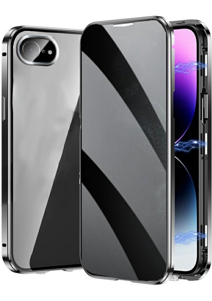 iPhone 16E Kılıf Anti-Casus Çift Taraflı Temperli Cam + Manyetik Metal Çerçeve Telefon Kılıfı-Siyah (Yurt Dışından)