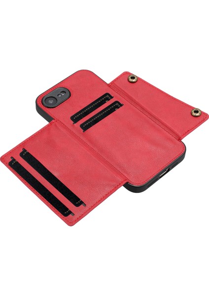 iPhone 16E Kılıf Kart Yuvalı Destekli Deri+Tpu Telefon Kılıfı-Kırmızı (Yurt Dışından)
