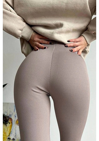 Fitilli Tayt Bej Yüksek Bel Tayt