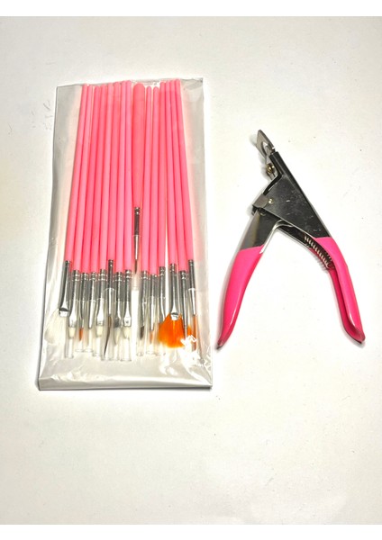 Protez Tırnak Tips Makası - 15'li Fırça Seti - Pembe 2'li Set