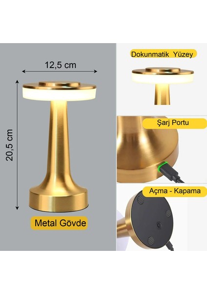 Dokunmatik Şarjlı Metal Masa Lambası 3 Renk Kısılabilir Taşınabilir Retro LED