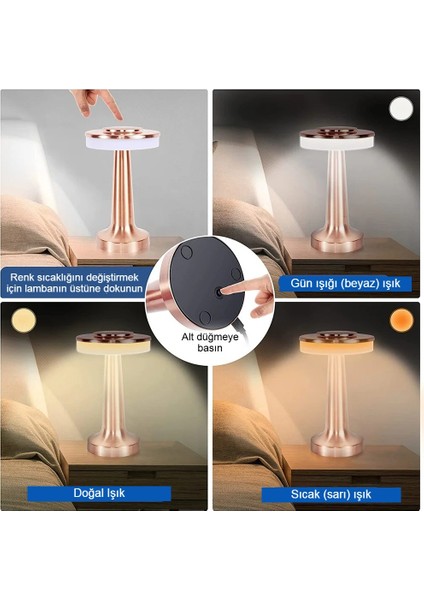 Dokunmatik Şarjlı Metal Masa Lambası 3 Renk Kısılabilir Taşınabilir Retro LED