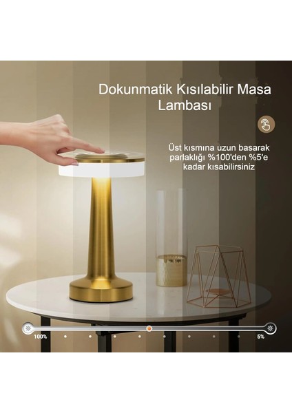 Dokunmatik Şarjlı Metal Masa Lambası 3 Renk Kısılabilir Taşınabilir Retro LED
