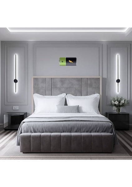 Şık Beyaz Işık Pilli Led Duvar Aplik 70 Cm Siyah