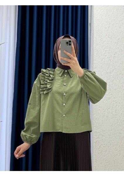 Soretta Sol Omuzu Fırfırlı Kısa GÖMLEK-BN4214 Haki