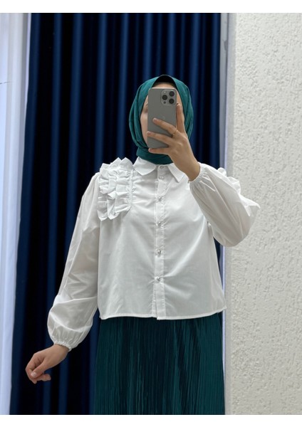 Soretta Sol Omuzu Fırfırlı Kısa GÖMLEK-BN4214 Beyaz