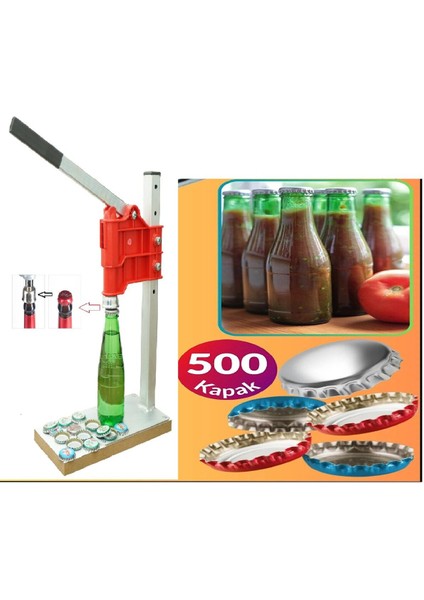Metal soda kapağı kapatma makinesi ve 500 adet kapağı, kullanım kolaylığı sağlar