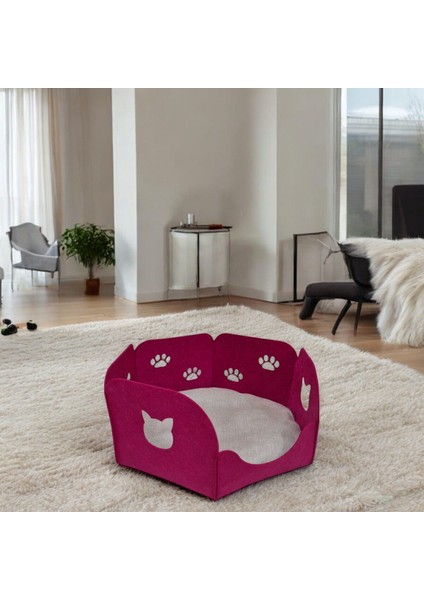 Kedi Yatağı Yuvası Evi Minderli Taşınabilir 3 mm Keçe Altıgen Tasarım (Yuva+Minder)