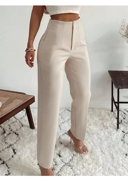 Kadın Yüksek Bel Önden Fermuarlı Ithal Krep Pantolon