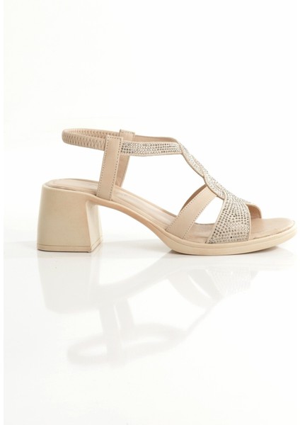 Alesso Bej Renk Hakiki Deri Taşlı Sandalet Kalın Topuklu Kadın Ayakkabı fırsatları