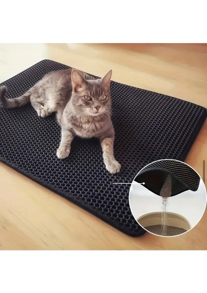 Çift Katmanlı Su Geçirmez Kedi Kumu Matı, Siyah, Pratik ve Temiz Kullanım