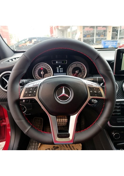 Dikişli Direksiyon Kılıfı Siyah Deri Noktalı Deri Kırmızı Dikişli Mercedes A180 (Fotodaki) Için