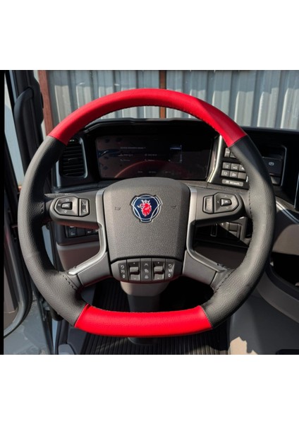 Dikişli Direksiyon Kılıfı Siyah Deri Kırmızı Deri Siyah Dikişli Scania (Fotodaki) Tır Kamyon Için