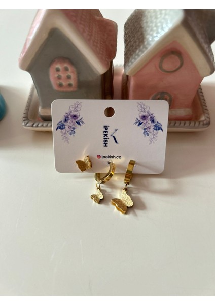 3’lü Gold Kelebek Küpe Seti – Paslanmaz Çelik, Halka Küpe Sallantılı Kelebek ve Çivi Model Minimal Tasarım
