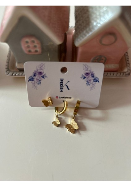 3’lü Gold Kelebek Küpe Seti – Paslanmaz Çelik, Halka Küpe Sallantılı Kelebek ve Çivi Model Minimal Tasarım fiyatları