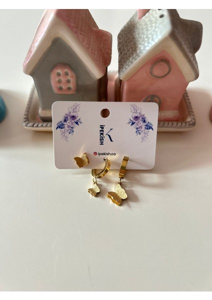 3’lü Gold Kelebek Küpe Seti – Paslanmaz Çelik, Halka Küpe Sallantılı Kelebek ve Çivi Model Minimal Tasarım fırsatları