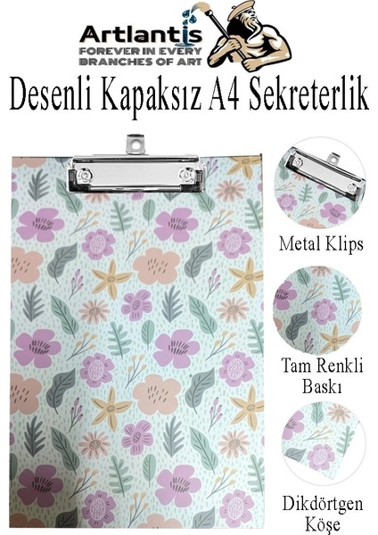 Desenli Sekreterlik Kapaksız A4 1 Adet Renkli Desenli A4 Kapaksız Sekreterlik Klipsli Metal Mekanizmalı 80 Yaprak Kapasiteli