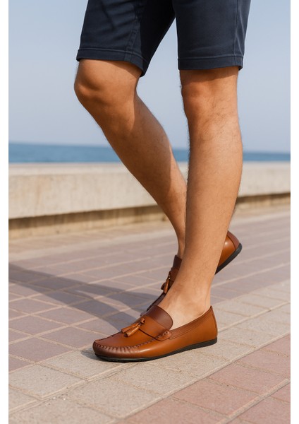 GR0175 Hakiki Deri Yanık Kahve Saraçlı Rok Erkek Loafer Babet Ayakkabı