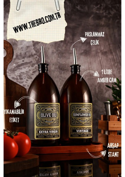 1lt Amber Renkli Ahşap Stantlı Green Vintage Yağdanlık 2'li Set Zeytinyağı Sıvıyağ Şişesi Vintage Yağlık
