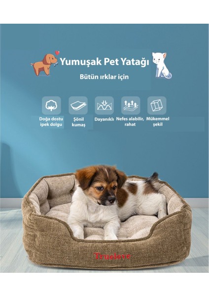 Askere Yeşili Chenille Kumaşlı Kedi Köpek Yatağı, Rahat ve Şık Kutu Tasarım, Haki Renk fırsatları
