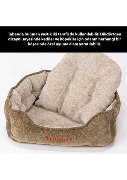 Askere Yeşili Chenille Kumaşlı Kedi Köpek Yatağı, Rahat ve Şık Kutu Tasarım, Haki Renk